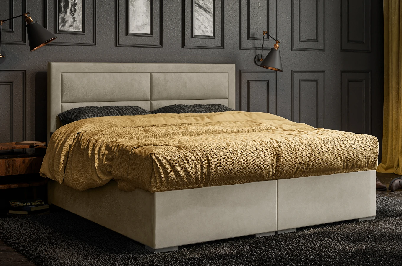 Eleganckie tapicerowane łóżko kontynentalne do sypialni OLIVIER z pojemnikiem na pościel