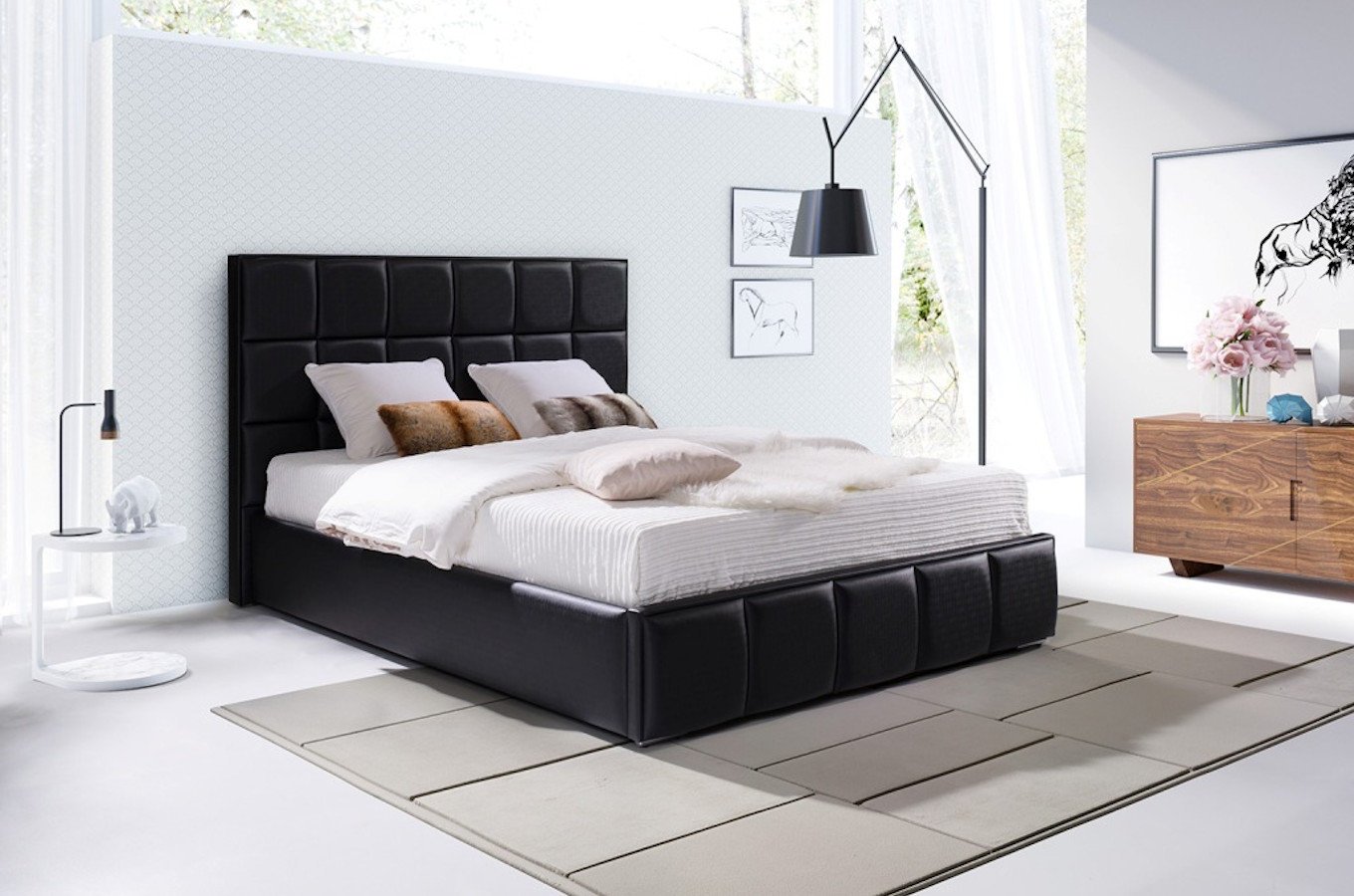 Klasyczne łóżko tapicerowane do sypialni PATRIZIA przeszycia w kwadraty