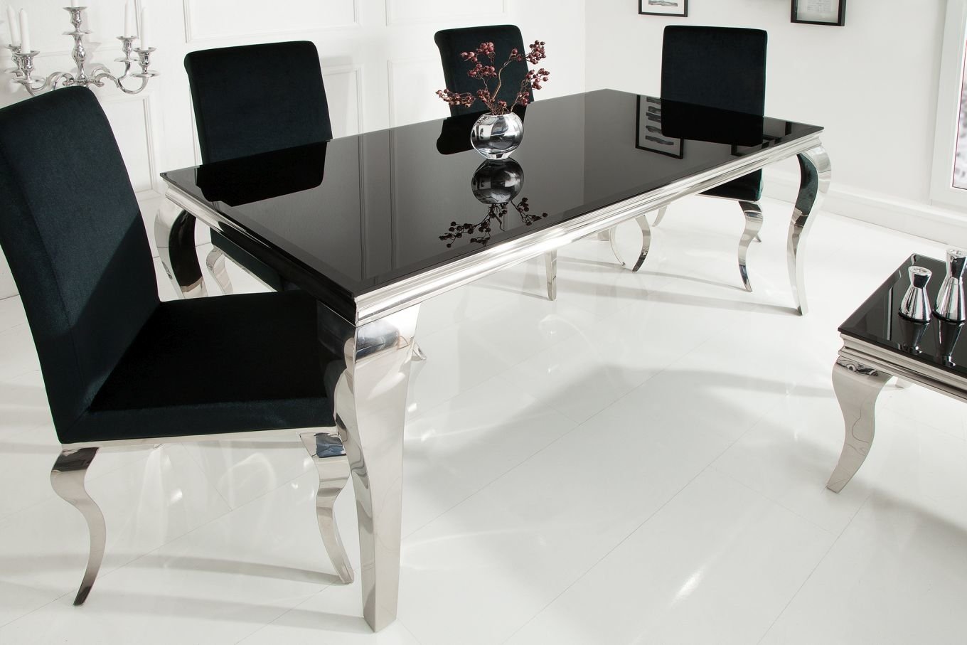 MODERN BAROCK elegancki stół do jadalni w stylu glamour z czarnym blatem i srebrnymi nogami / 180x90 cm