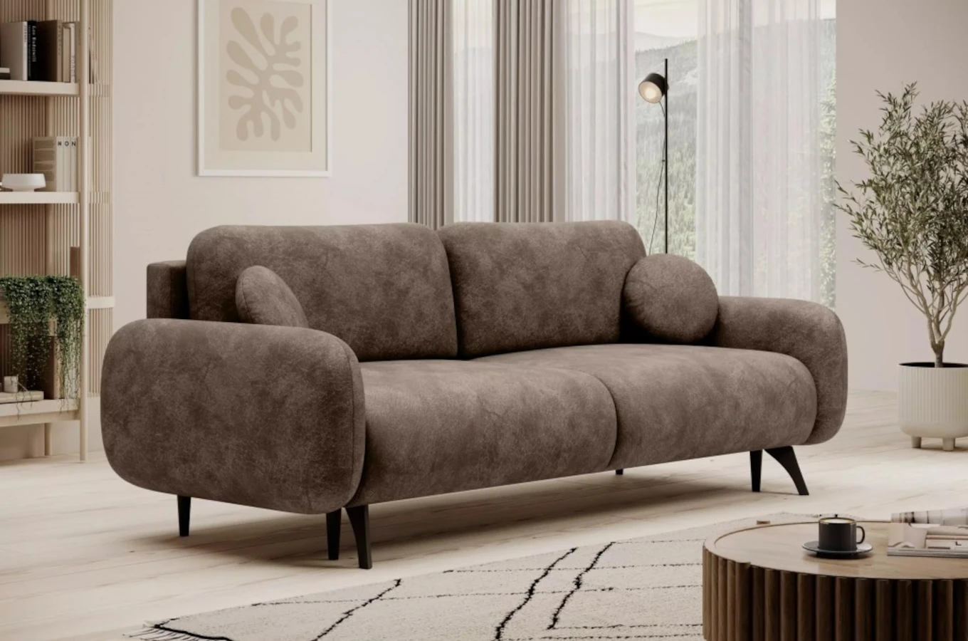 Nowoczesna sofa o obłym kształcie MOMO z funkcją spania i pojemnikiem na pościel / szerokość 222 cm