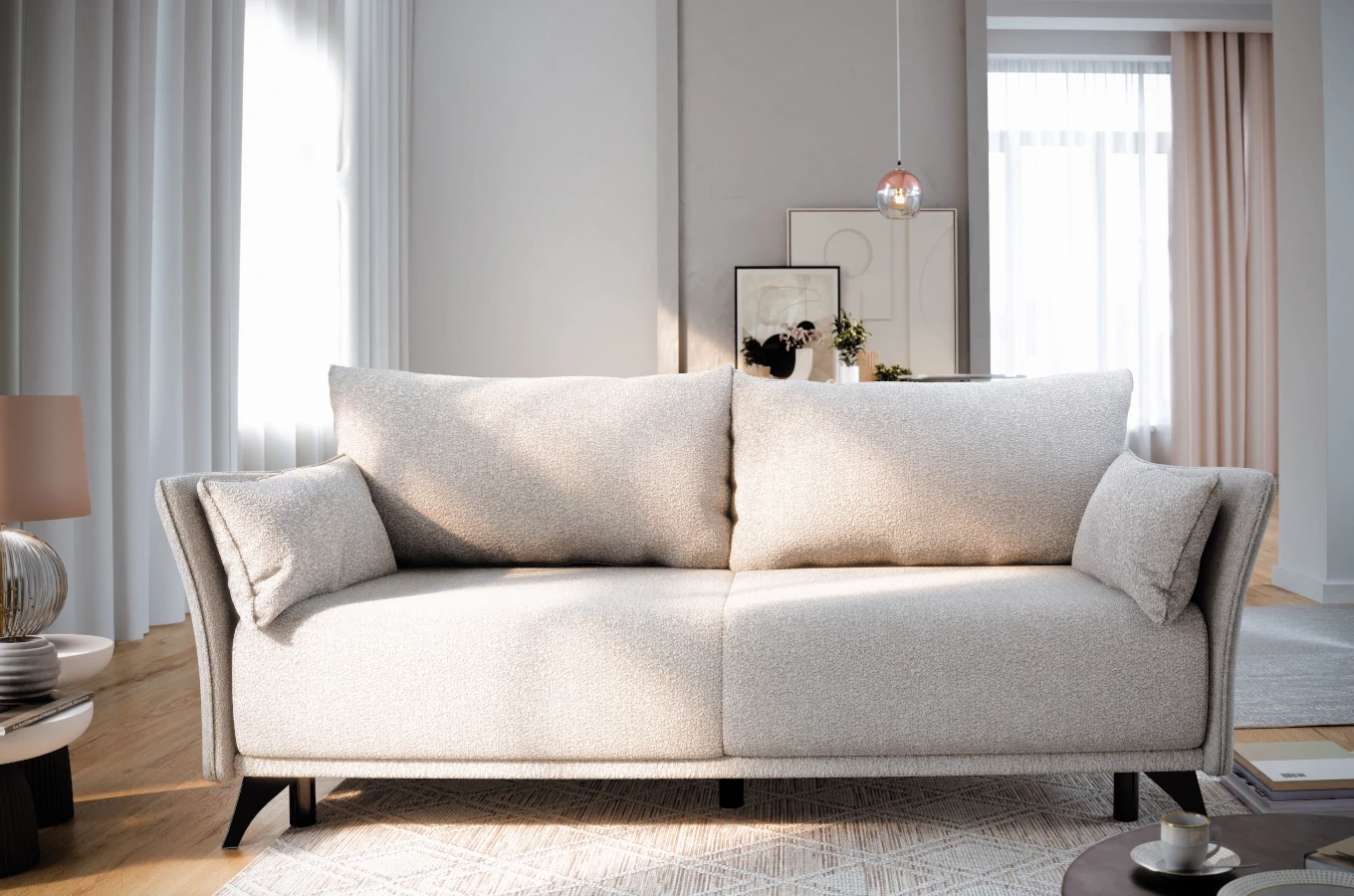 Nowoczesna sofa rozkładana EMMA z funkcją spania i pojemnikiem na pościel / szerokość 223 cm