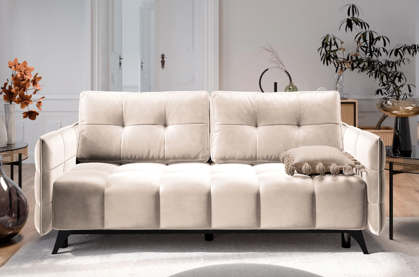 Nowoczesna sofa rozkładana SAMANTA z funkcją spania i pojemnikiem na pościel / szerokość 205 cm
