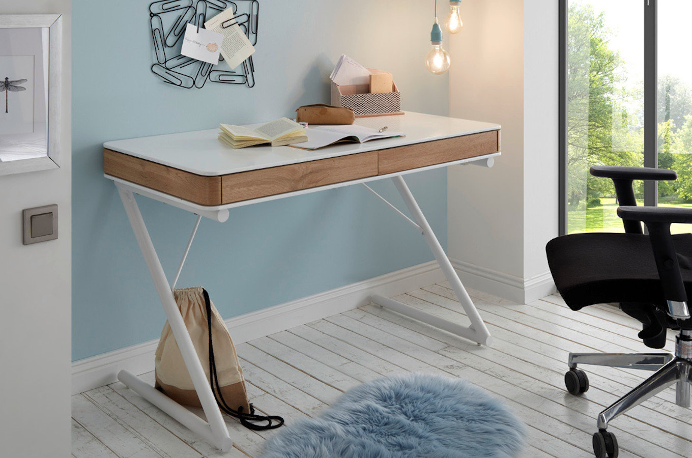 Nowoczesne biurko biało-dębowe z szufladami BUKAREST na metalowych nogach / 120x60 cm