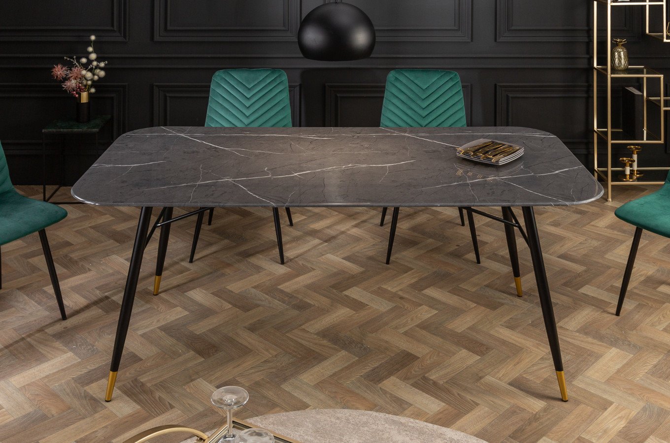 Stół PARIS ze szklanym blatem imitujący czarny marmur / 180x90 cm