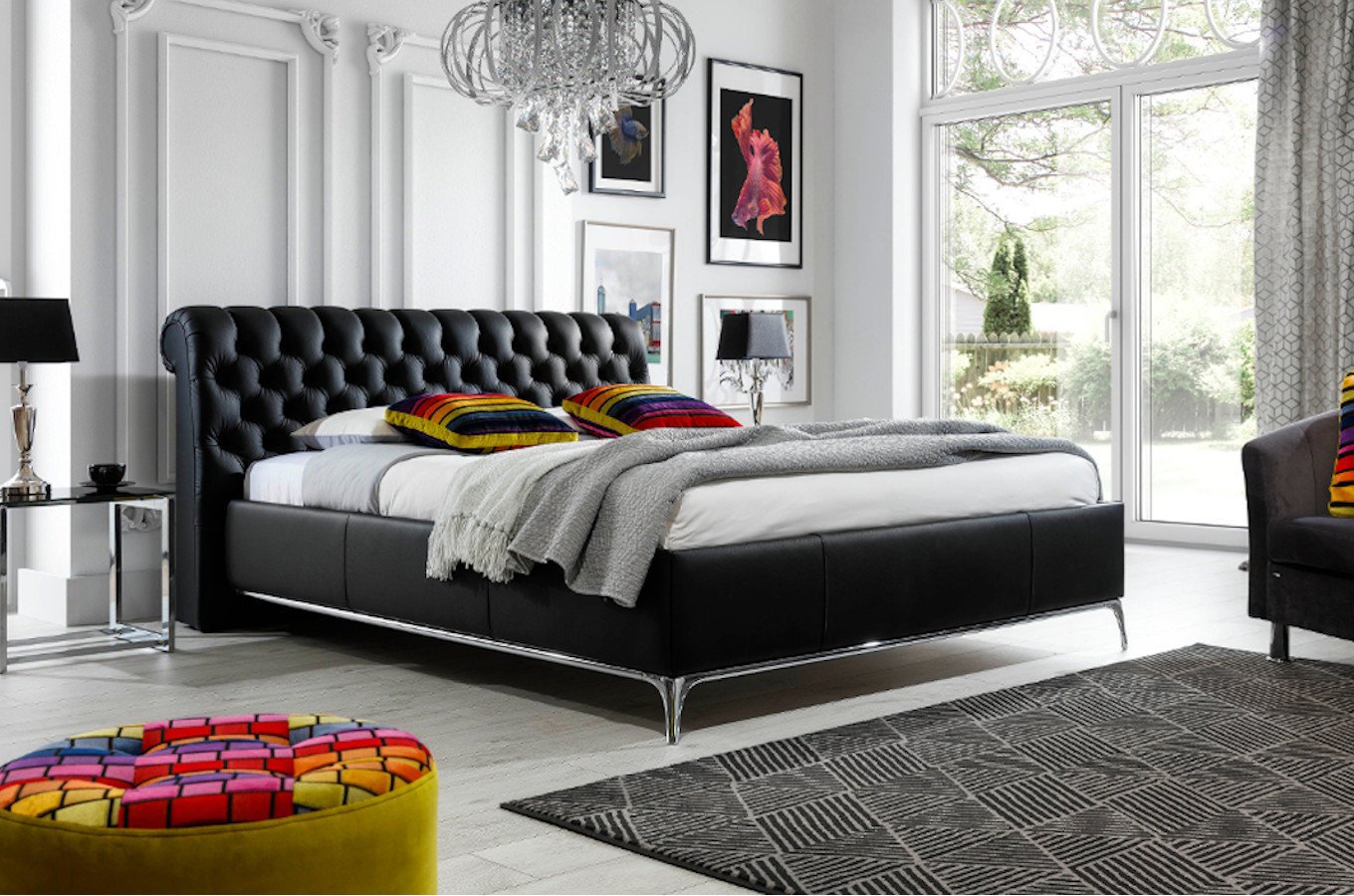 Stylowe łóżko tapicerowane do sypialni MORINO z zagłówkiem w stylu Chesterfield
