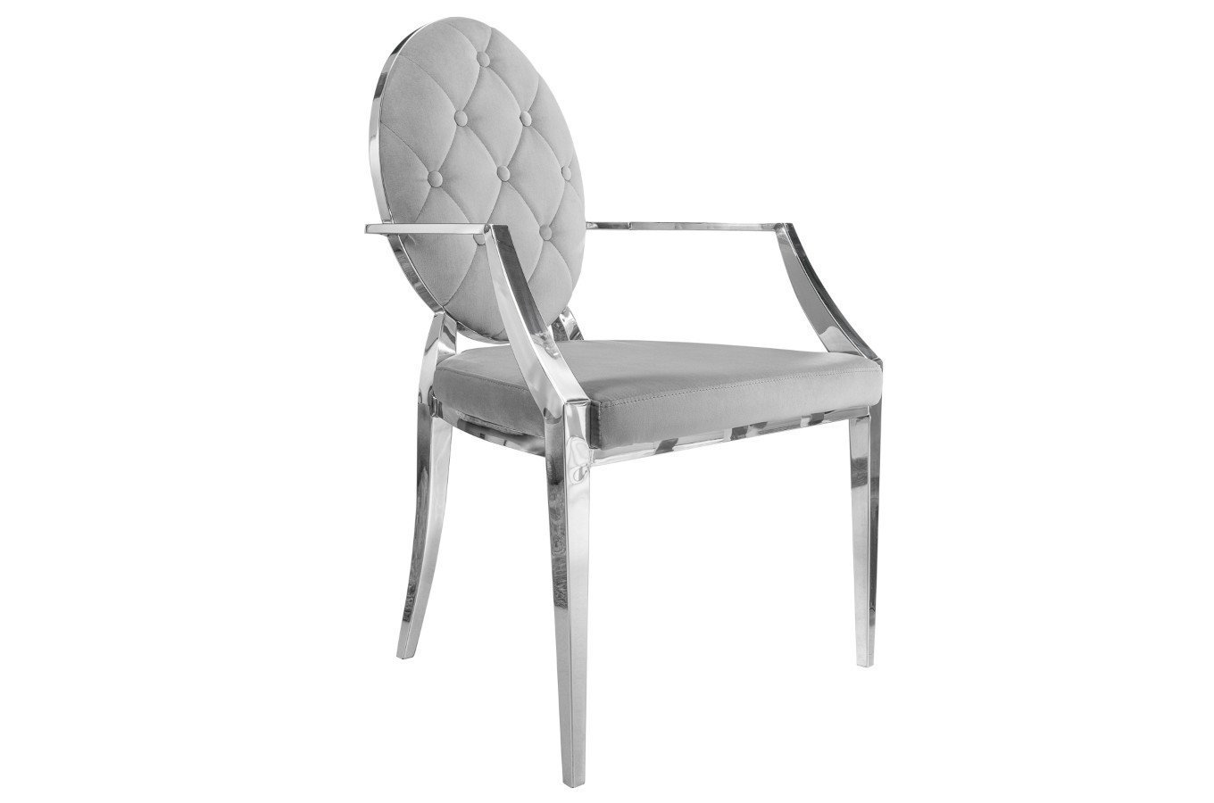 Szare krzesło tapicerowane z podłokietnikami MODERN BAROCK z okrągłym oparciem w stylu glamour