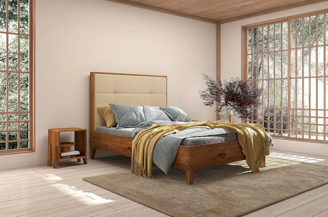 Tapicerowane łóżko drewniane dębowe Visby FRIDA z wysokim zagłówkiem / 120x200 cm, olej naturalny, zagłówek French Velvet 675