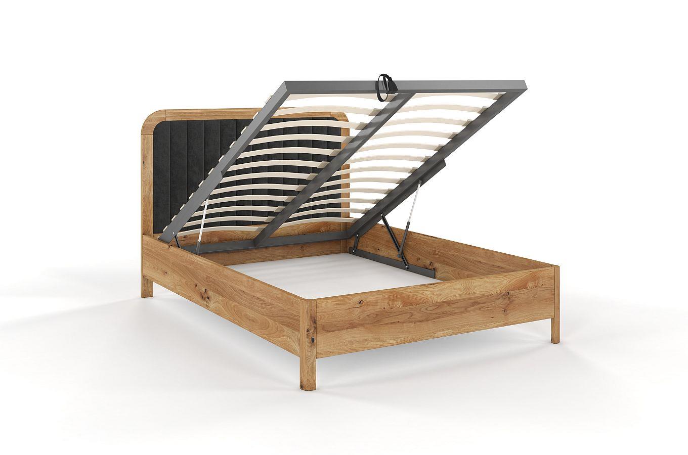 Tapicerowane łóżko drewniane dębowe Visby MODENA BC z wysokim zagłówkiem / 120x200 cm, olej naturalny, zagłówek Casablanca 2315 (skrzynia na pościel)