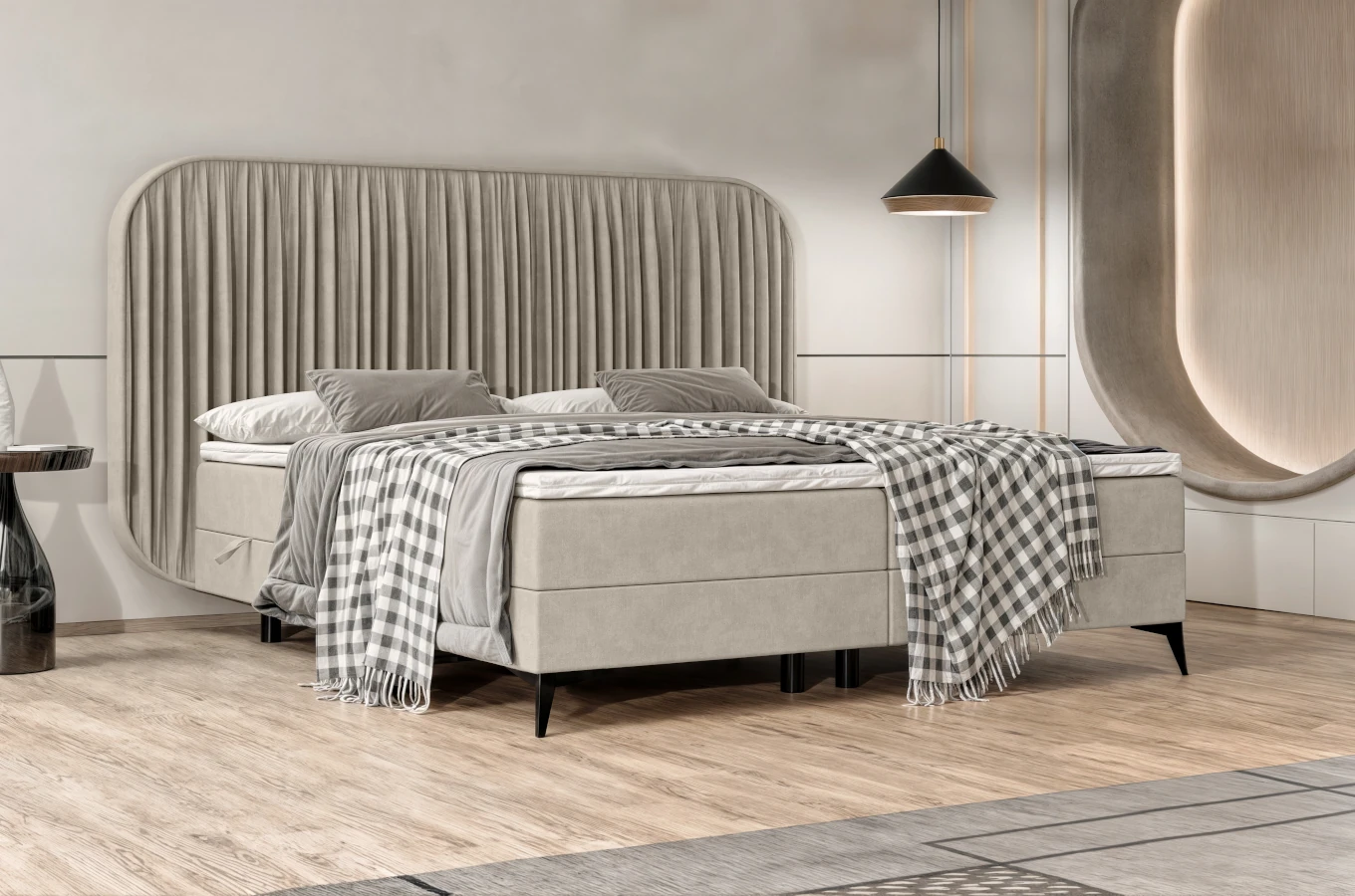 Tapicerowane łóżko kontynentalne GONZO z plisowanym zagłówkiem