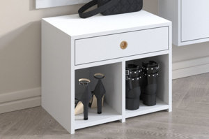 Biała szafka - siedzisko z półkami i szufladą Dancan MIRAGE wysoki połysk / szer. 54 cm