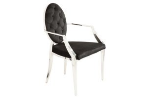 Czarne krzesło tapicerowane z podłokietnikami MODERN BAROCK z okrągłym oparciem w stylu glamour