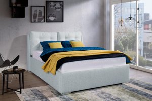 Eleganckie łóżko tapicerowane do sypialni ADRANO z poduszkami na zagłówku