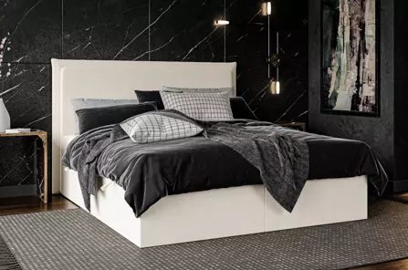 Eleganckie tapicerowane łóżko kontynentalne do sypialni CAMEL z pojemnikiem na pościel