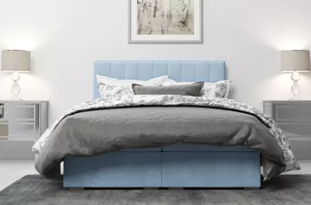 Eleganckie tapicerowane łóżko kontynentalne do sypialni CAREN z pojemnikiem na pościel
