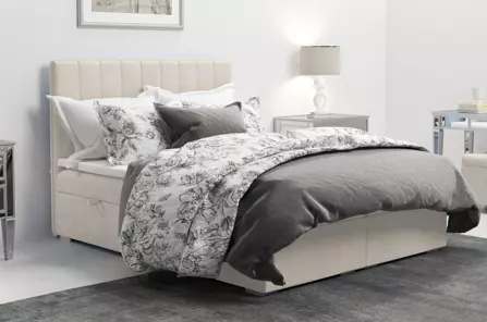 Eleganckie tapicerowane łóżko kontynentalne do sypialni CAREN z pojemnikiem na pościel