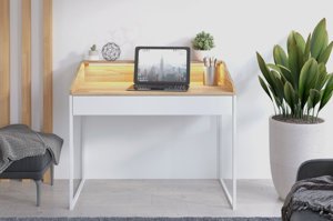Nowoczesne biurko Dancan FINKA z oświetleniem / blat Jesion Górski + szuflada Biel Arktyczna + stelaż biały