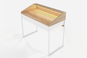 Nowoczesne biurko Dancan FINKA z oświetleniem / blat Jesion Górski + szuflada Biel Arktyczna + stelaż biały