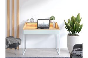 Nowoczesne biurko Dancan FINKA z oświetleniem / blat Jesion Górski + szuflada Pastel Green + stelaż szary / 110x56 cm