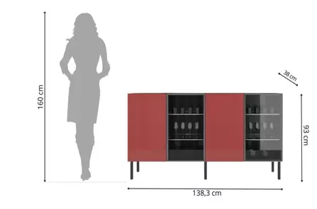 Podświetlana komoda witryna połysk Skandica Lilka czarna-czerwona na nóżkach / szer. 138 cm