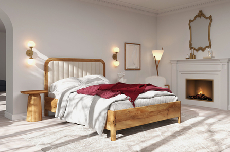 Tapicerowane łóżko drewniane dębowe Visby MODENA BC z wysokim zagłówkiem (skrzynia na pościel)