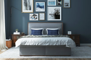 Tapicerowane łóżko kontynentalne PARIS z tapicerowanym zagłówkiem z elementami drewna